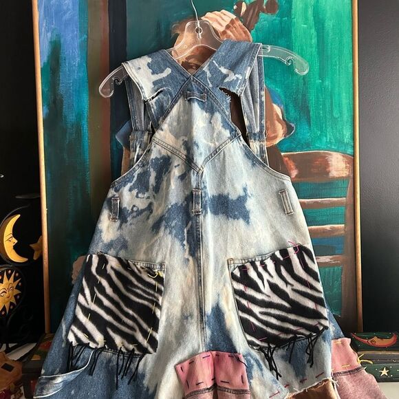 Upcycled Asymmetrical Tie-Dye Dress Denim Patchwork One Size Zebra - Picture 7 of 15